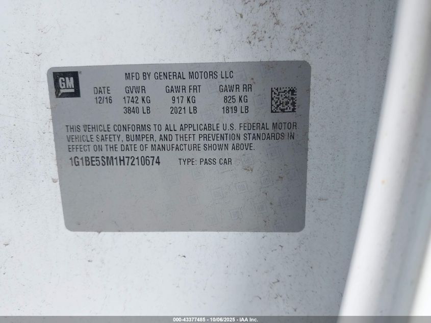 2017 Chevrolet Cruze Lt Auto VIN: 1G1BE5SM1H7210674 Lot: 43377485