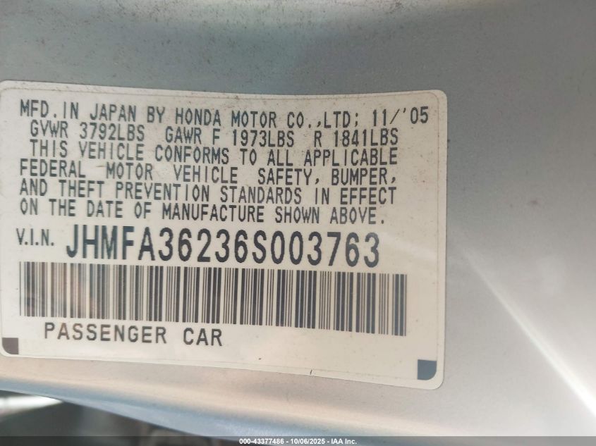 2006 Honda Civic Hybrid VIN: JHMFA36236S003763 Lot: 43377486