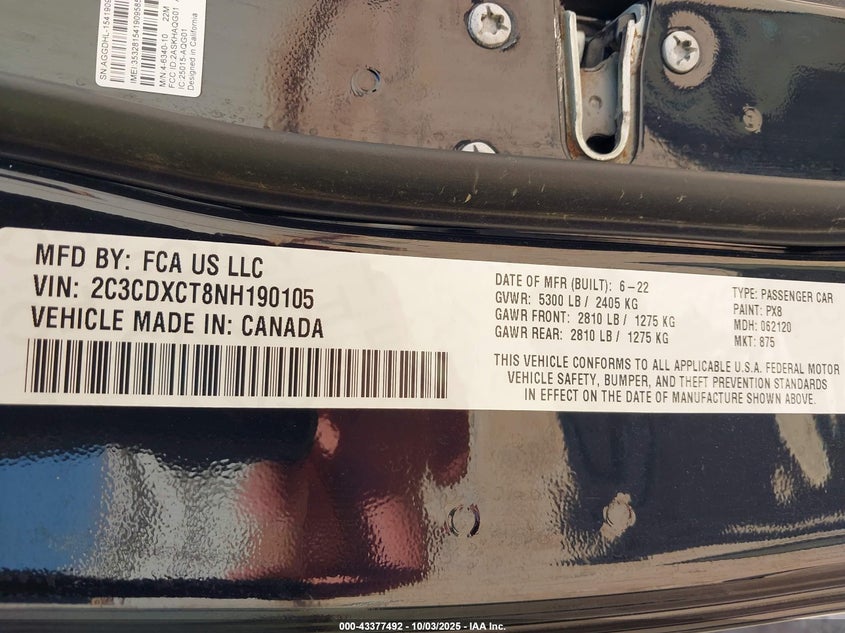 2022 Dodge Charger R/T VIN: 2C3CDXCT8NH190105 Lot: 43377492