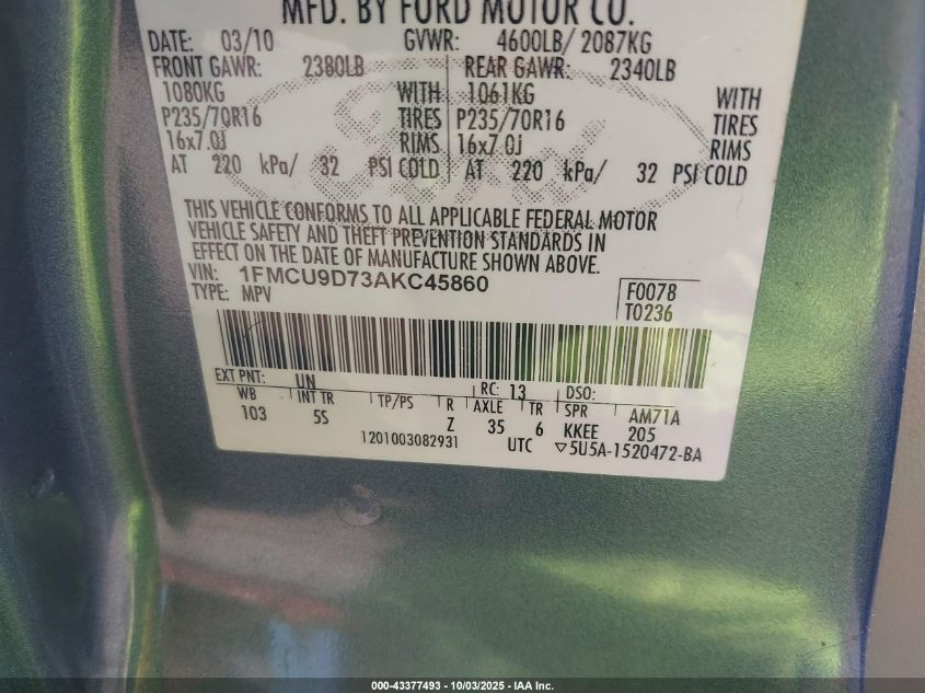 2010 Ford Escape Xlt VIN: 1FMCU9D73AKC45860 Lot: 43377493