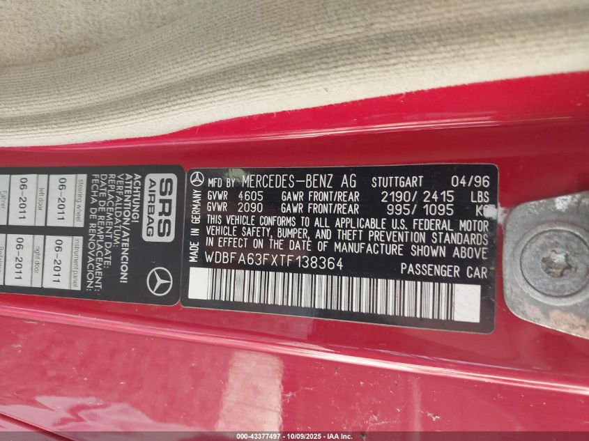 1996 Mercedes-Benz Sl 320 VIN: WDBFA63FXTF138364 Lot: 43377497