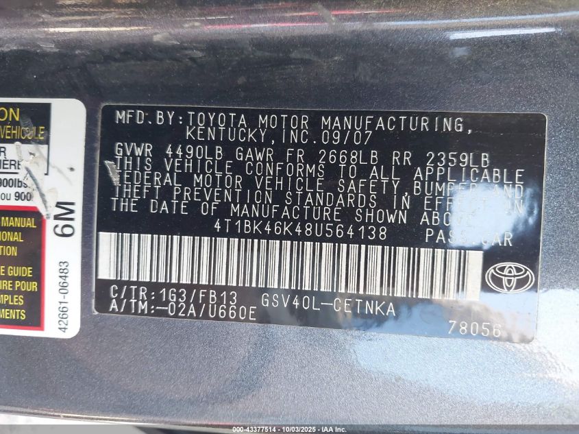 2008 Toyota Camry Le V6 VIN: 4T1BK46K48U564138 Lot: 43377514