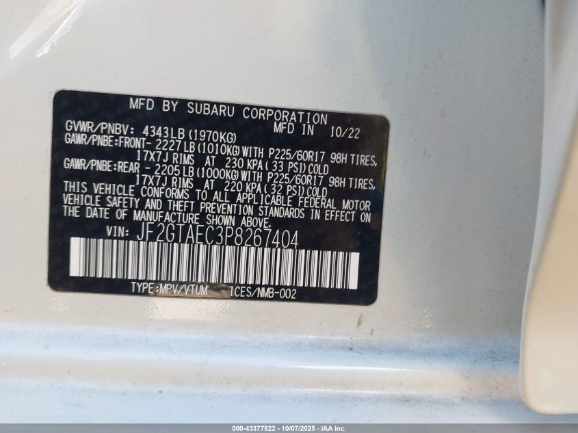 2023 Subaru Crosstrek Premium VIN: JF2GTAEC3P8267404 Lot: 43377522