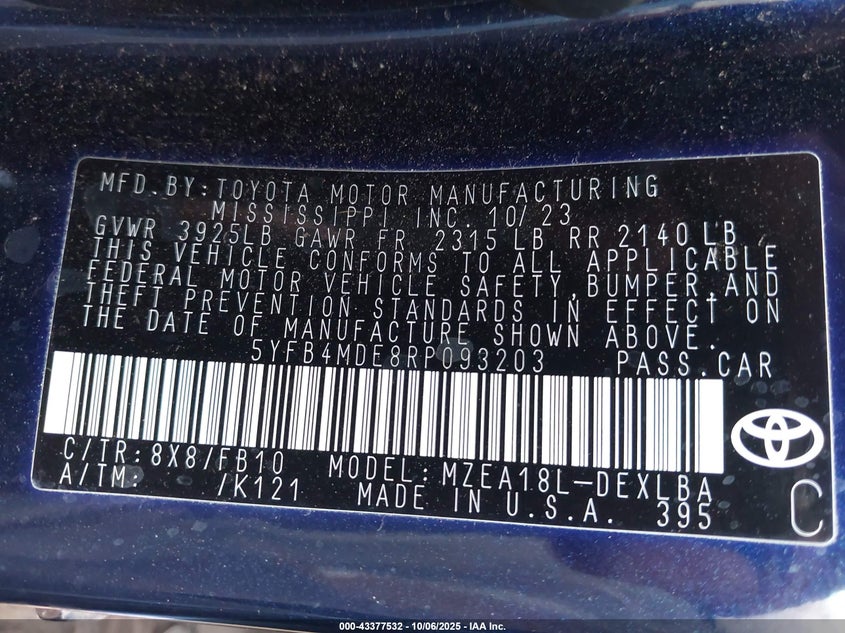 2024 TOYOTA COROLLA LE 5YFB4MDE8RP093203