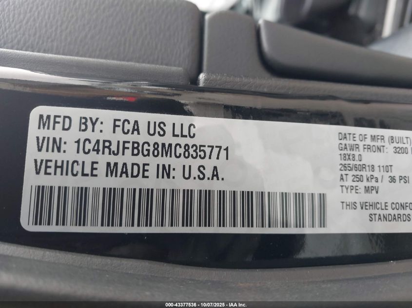 2021 Jeep Grand Cherokee Limited 4X4 VIN: 1C4RJFBG8MC835771 Lot: 43377536