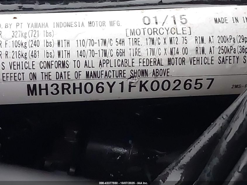 2015 Yamaha Yzfr3 VIN: MH3RH06Y1FK002657 Lot: 43377550