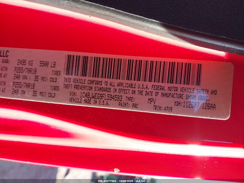 2015 Jeep Wrangler Unlimited Sahara VIN: 1C4BJWEG9FL594593 Lot: 43377562