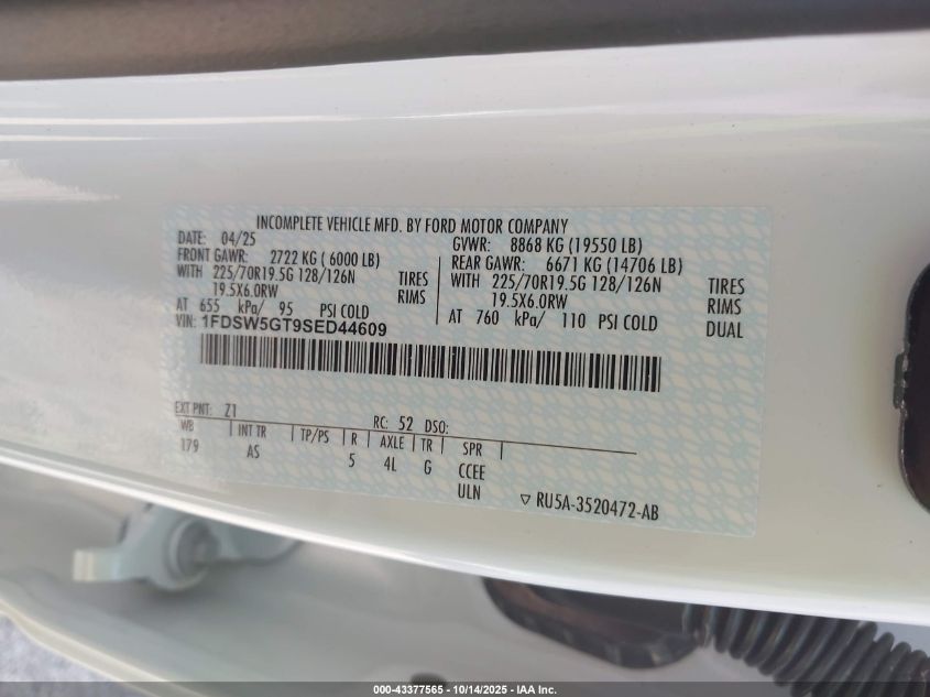 2025 Ford F-550 Chassis Xl VIN: 1FDSW5GT9SED44609 Lot: 43377565