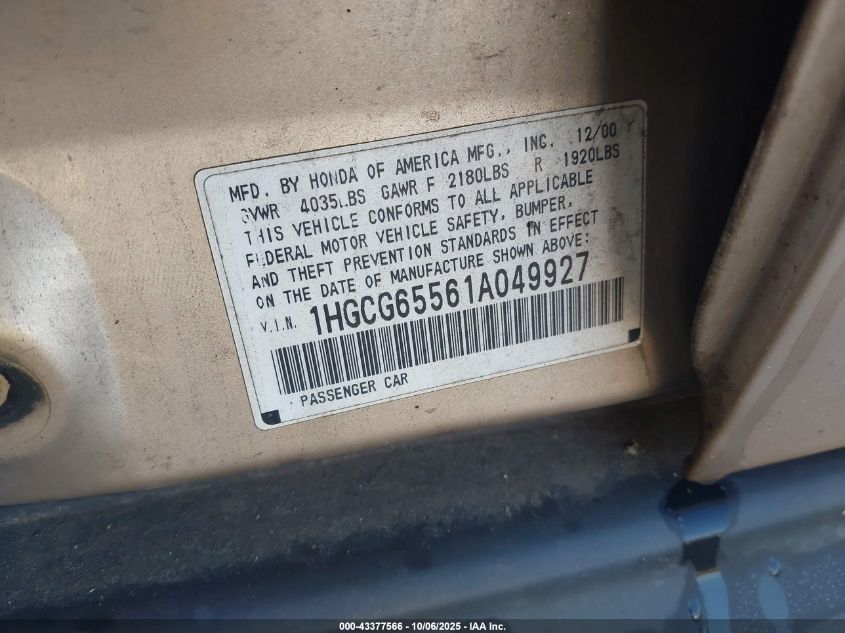 2001 Honda Accord 2.3 Lx VIN: 1HGCG65561A049927 Lot: 43377566