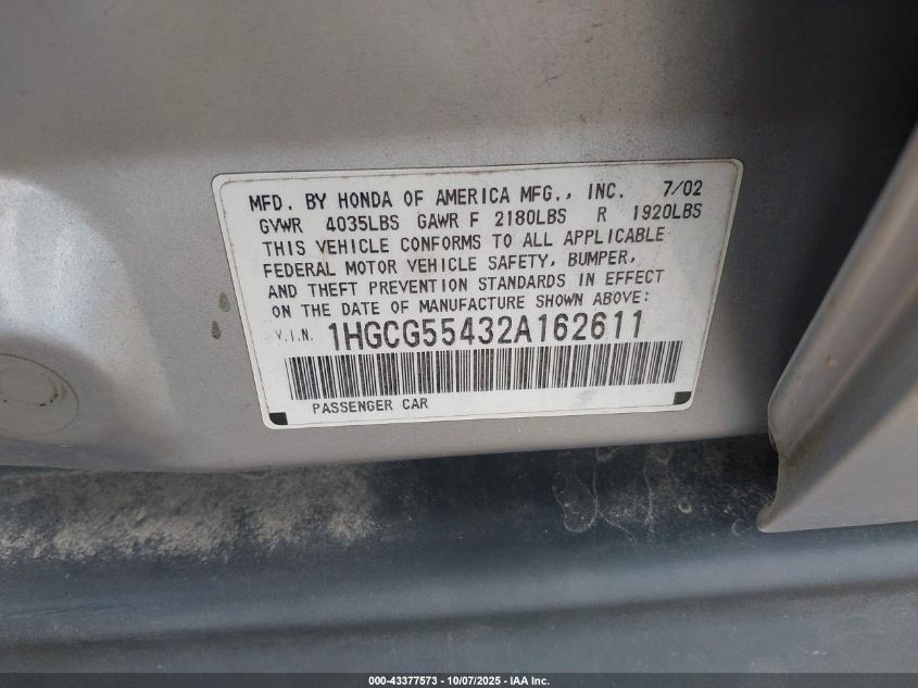 2002 Honda Accord 2.3 Lx VIN: 1HGCG55432A162611 Lot: 43377573