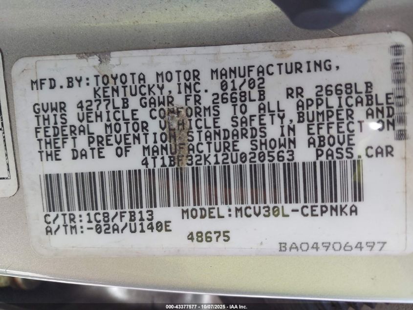 2002 Toyota Camry Le V6 VIN: 4T1BF32K12U020563 Lot: 43377577