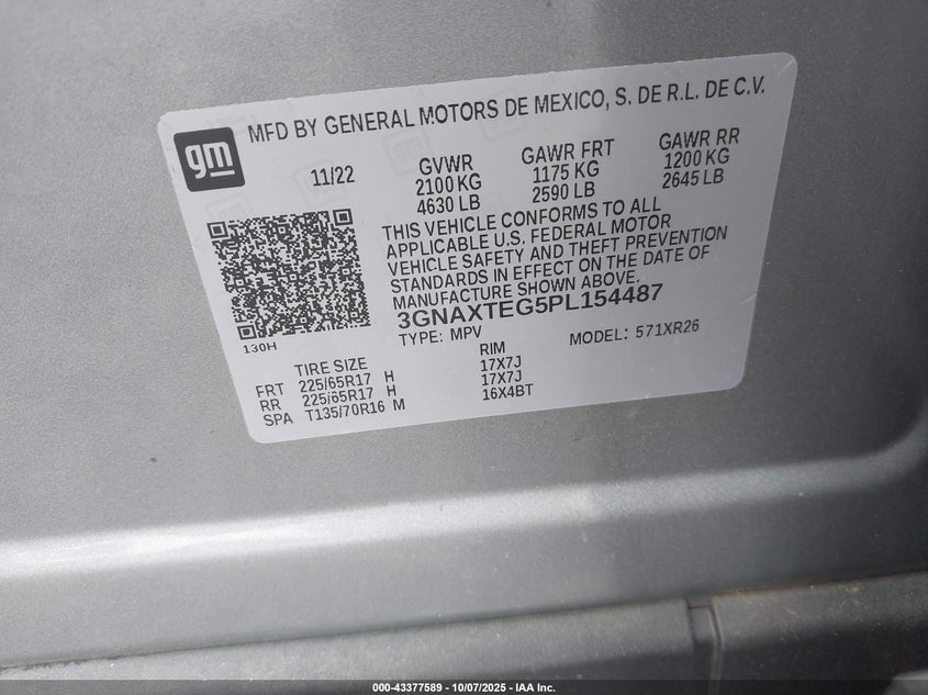 2023 Chevrolet Equinox Awd 2Fl VIN: 3GNAXTEG5PL154487 Lot: 43377589