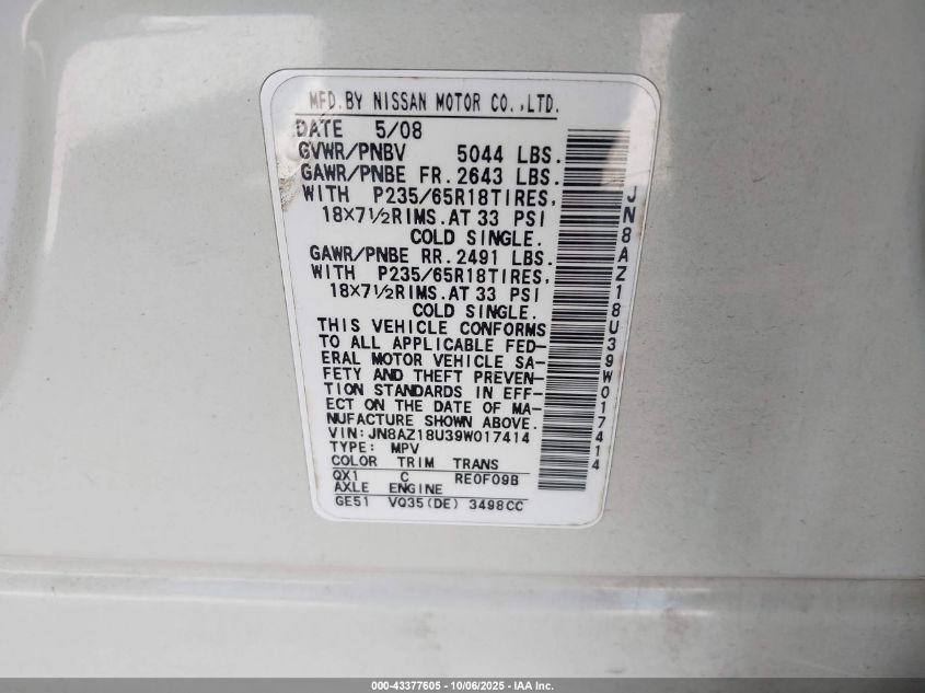 2009 Nissan Murano Sl VIN: JN8AZ18U39W017414 Lot: 43377605