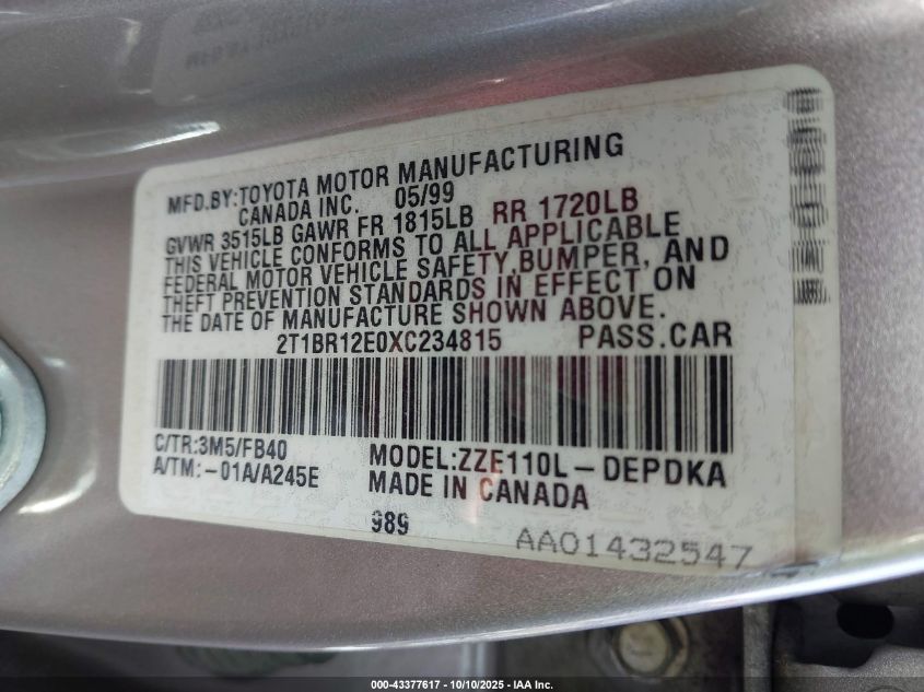 1999 Toyota Corolla Ce VIN: 2T1BR12E0XC234815 Lot: 43377617