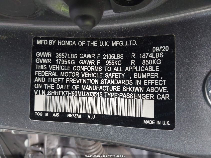 2021 Honda Civic Ex VIN: SHHFK7H60MU203515 Lot: 43377620