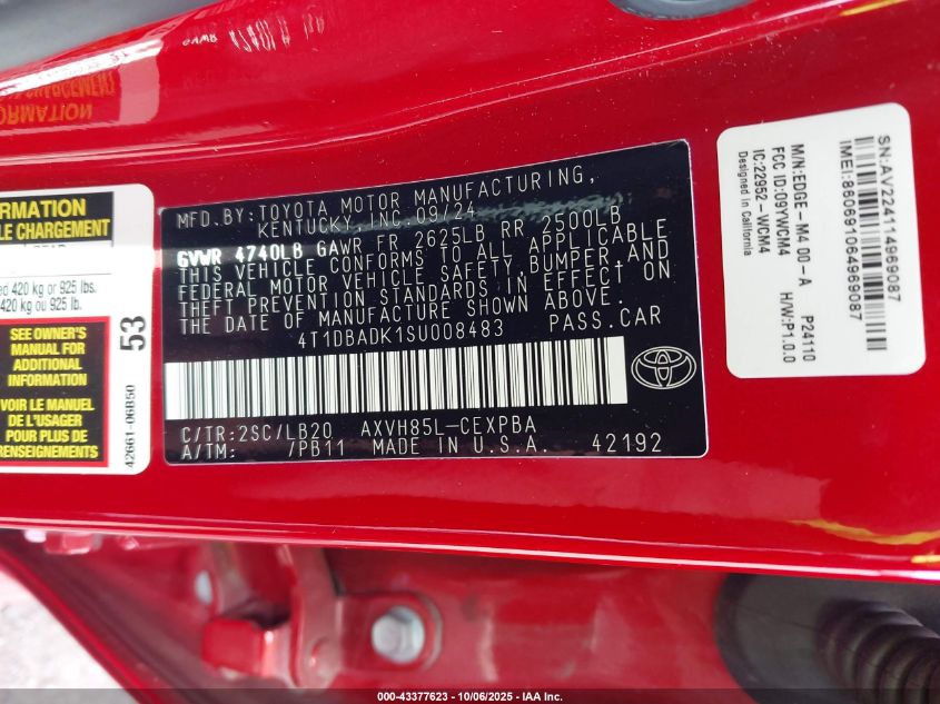 2025 Toyota Camry Xse VIN: 4T1DBADK1SU008483 Lot: 43377623