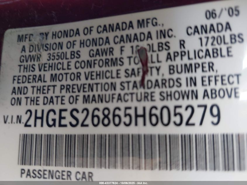 2005 Honda Civic Ex VIN: 2HGES26865H605279 Lot: 43377624