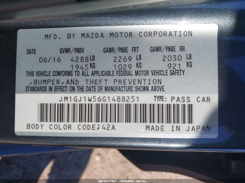 2016 Mazda Mazda6 I Grand Touring VIN: JM1GJ1W56G1488251 Lot: 43377627