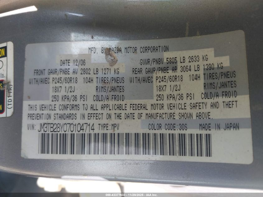 2007 Mazda Cx-9 Sport VIN: JM3TB28Y070104714 Lot: 43377633