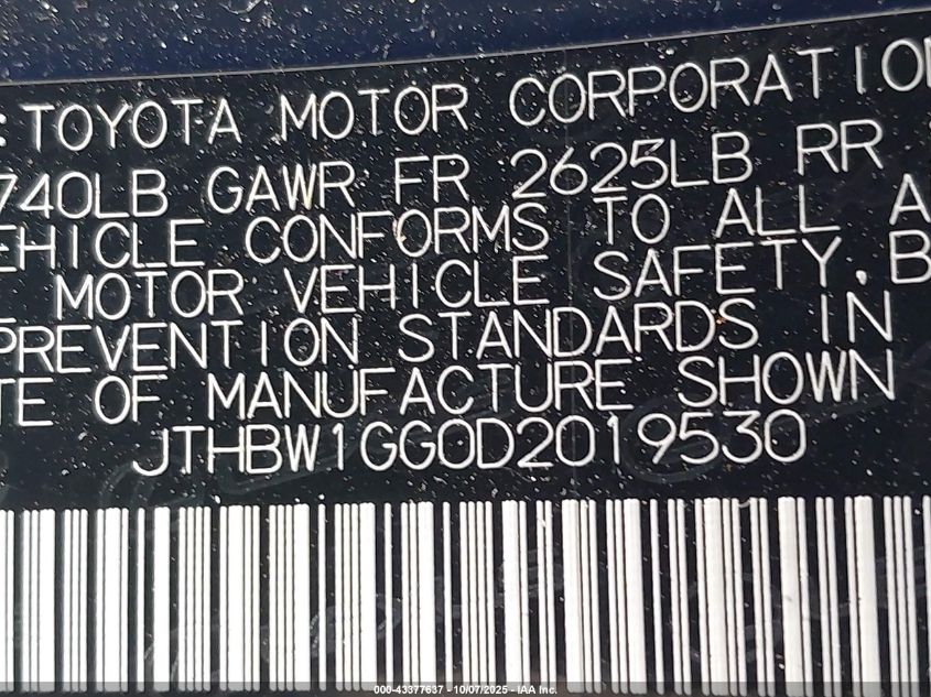 2013 Lexus Es 300H VIN: JTHBW1GG0D2019530 Lot: 43377637