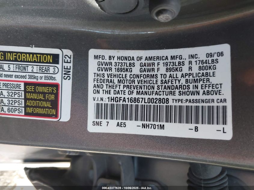 2007 Honda Civic Ex VIN: 1HGFA16867L002808 Lot: 43377639
