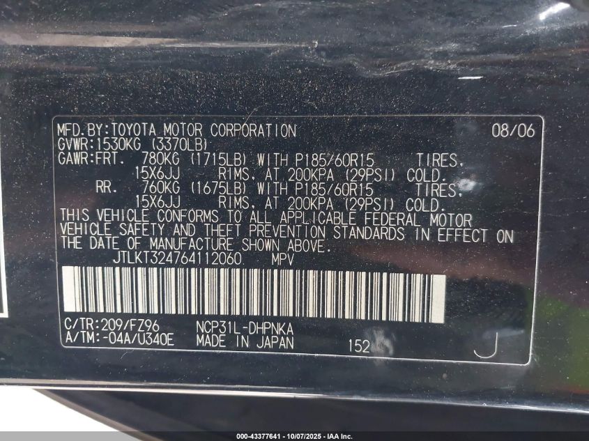 2006 Scion Xb VIN: JTLKT324764112060 Lot: 43377641