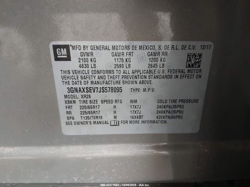 2018 Chevrolet Equinox Lt VIN: 3GNAXSEV7JS578095 Lot: 43377643