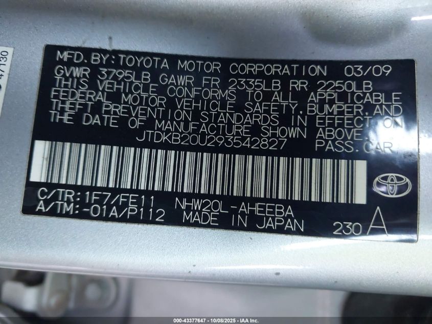 2009 Toyota Prius VIN: JTDKB20U293542827 Lot: 43377647