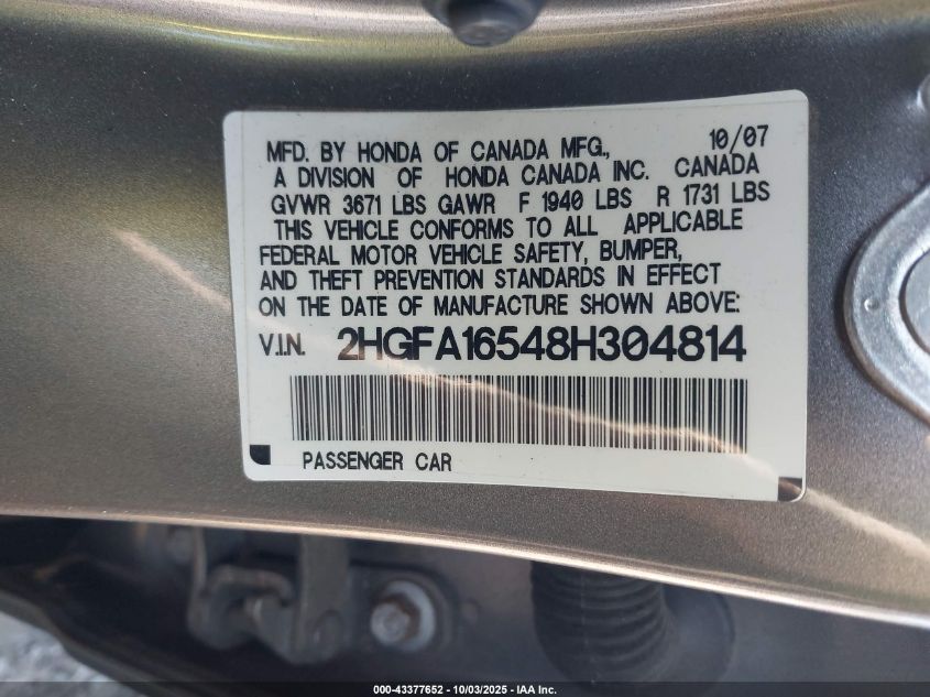 2008 Honda Civic Lx VIN: 2HGFA16548H304814 Lot: 43377652