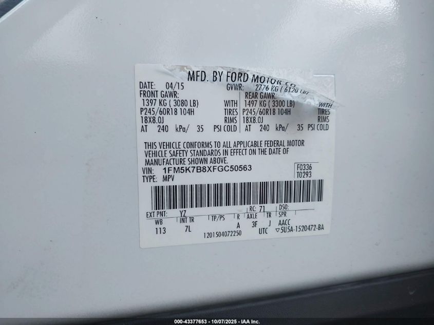 2015 Ford Explorer VIN: 1FM5K7B8XFGC50563 Lot: 43377653