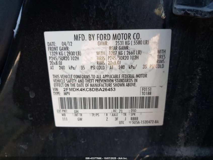 2013 Ford Edge Limited VIN: 2FMDK4KC8DBA26453 Lot: 43377666