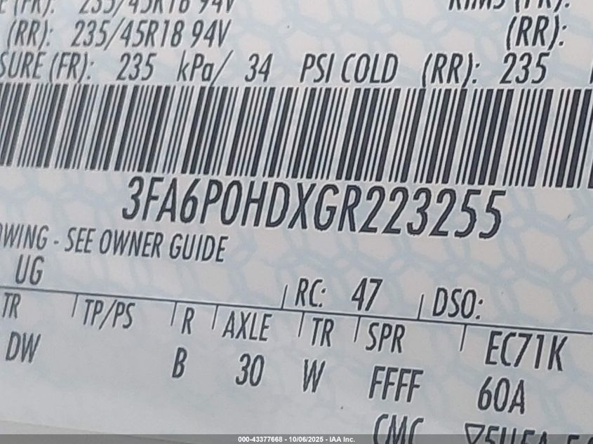 2016 Ford Fusion Se VIN: 3FA6P0HDXGR223255 Lot: 43377668