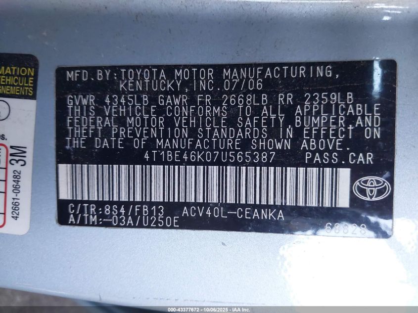 2007 Toyota Camry Le VIN: 4T1BE46K07U565387 Lot: 43377672