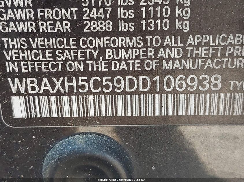 2013 BMW 528I xDrive VIN: WBAXH5C59DD106938 Lot: 43377681