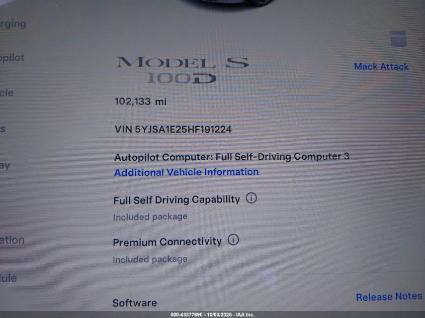 2017 Tesla Model S 100D/60D/75D/90D/P100D VIN: 5YJSA1E25HF191224 Lot: 43377690