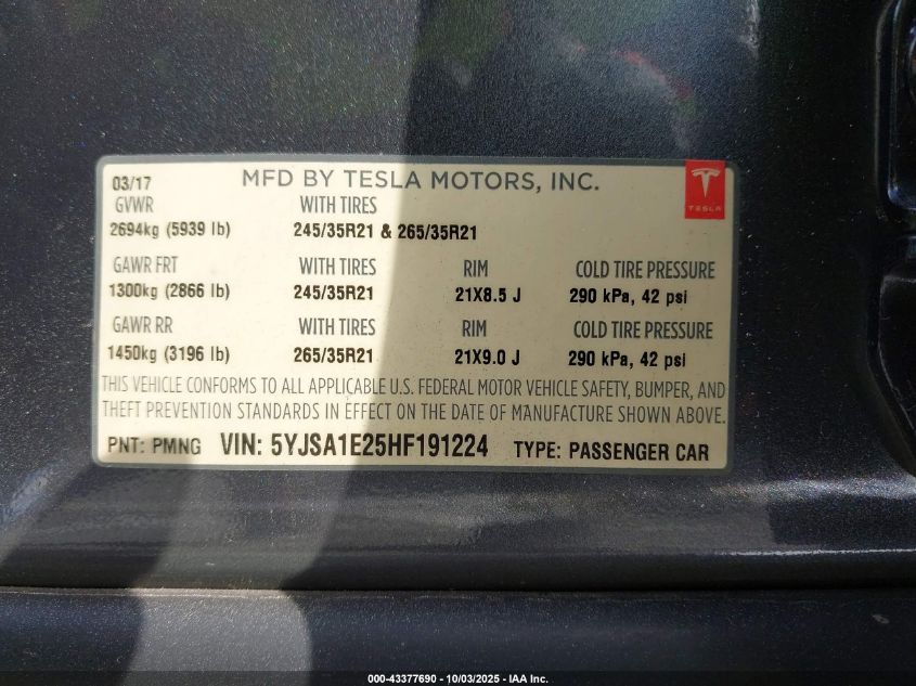 2017 Tesla Model S 100D/60D/75D/90D/P100D VIN: 5YJSA1E25HF191224 Lot: 43377690