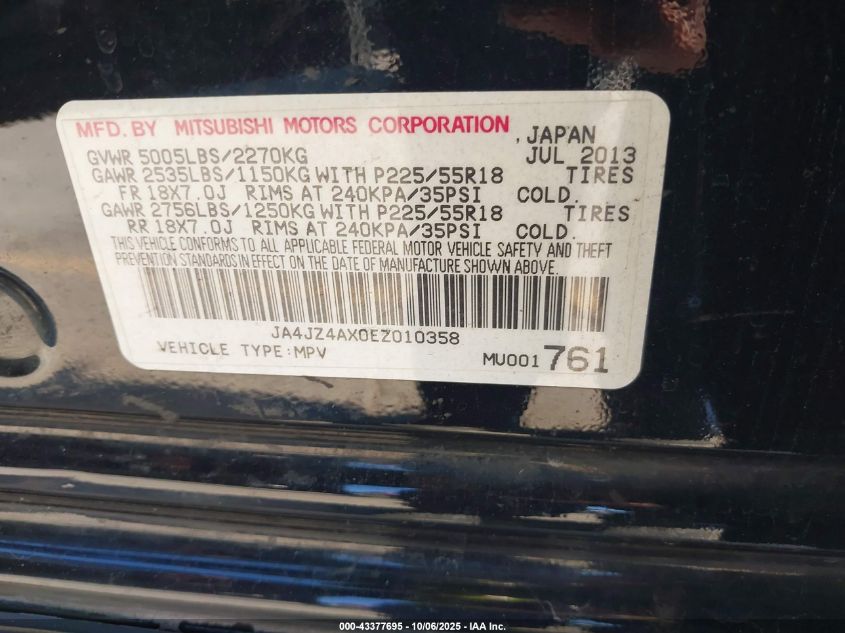 2014 Mitsubishi Outlander Gt VIN: JA4JZ4AX0EZ010358 Lot: 43377695