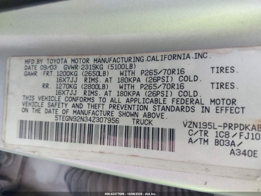 2004 Toyota Tacoma Prerunner V6 VIN: 5TEGN92N34Z307956 Lot: 43377696