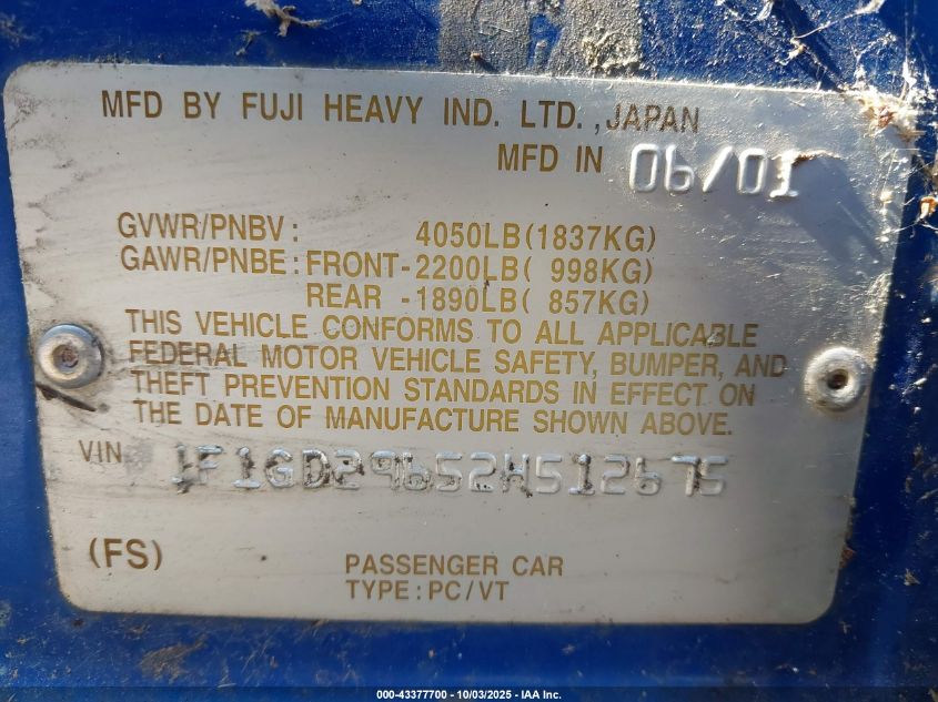 2002 Subaru Impreza Wrx VIN: JF1GD29652H512675 Lot: 43377700