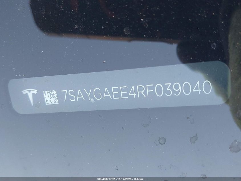 2024 Tesla Model Y Long Range Dual Motor All-Wheel Drive VIN: 7SAYGAEE4RF039040 Lot: 43377702