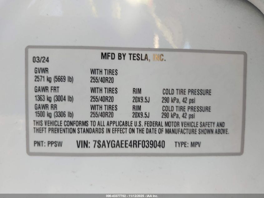 2024 Tesla Model Y Long Range Dual Motor All-Wheel Drive VIN: 7SAYGAEE4RF039040 Lot: 43377702