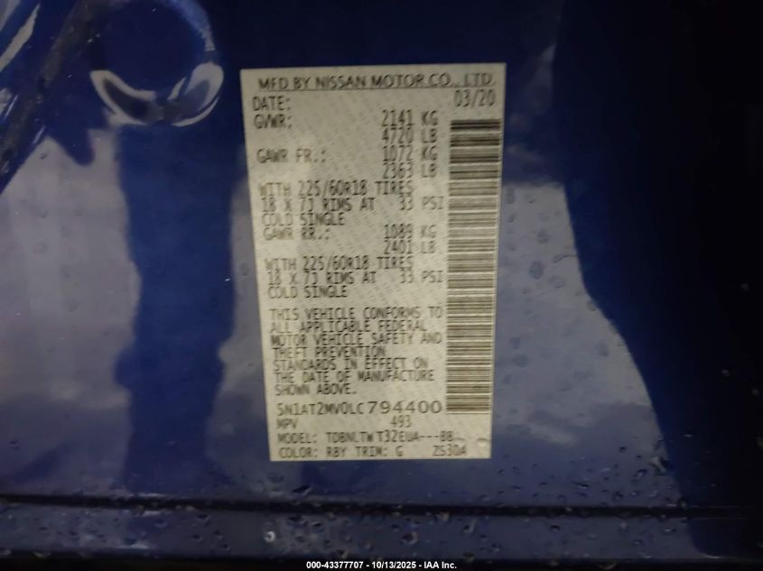 2020 Nissan Rogue Sv Intelligent Awd VIN: 5N1AT2MV0LC794400 Lot: 43377707