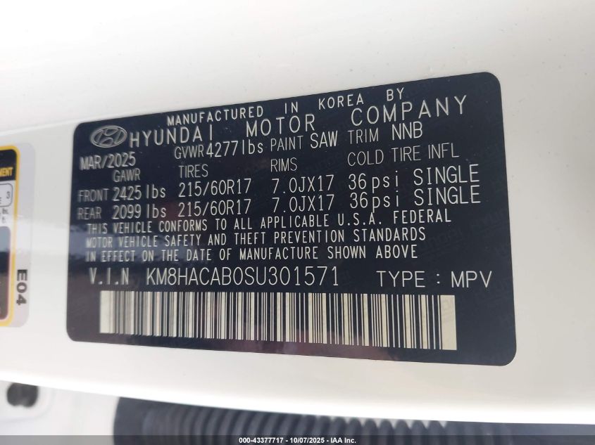 2025 Hyundai Kona Se VIN: KM8HACAB0SU301571 Lot: 43377717