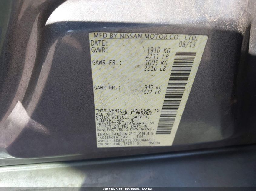 2014 Nissan Altima 2.5 Sv VIN: 1N4AL3AP1EN212835 Lot: 43377719