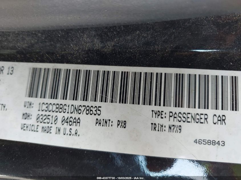 2013 Chrysler 200 Touring VIN: 1C3CCBBG1DN678635 Lot: 43377730