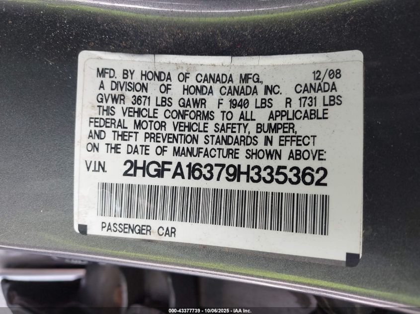 2009 Honda Civic Vp VIN: 2HGFA16379H335362 Lot: 43377739
