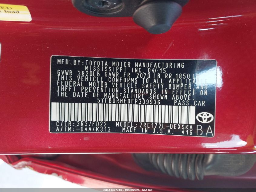 2015 Toyota Corolla S Plus VIN: 5YFBURHE0FP309936 Lot: 43377740