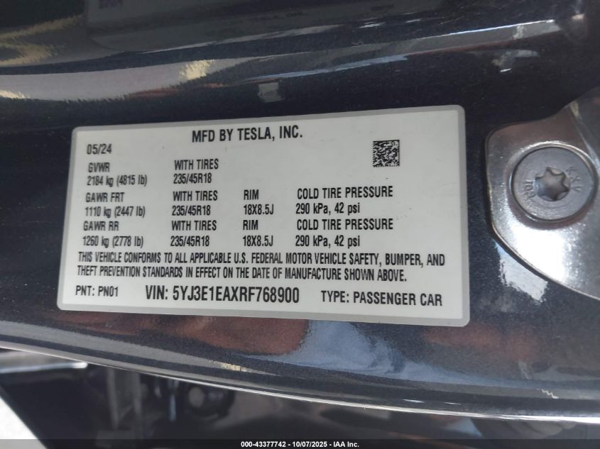 2024 Tesla Model 3 Long Range Dual Motor All-Wheel Drive/Rear-Wheel Drive VIN: 5YJ3E1EAXRF768900 Lot: 43377742