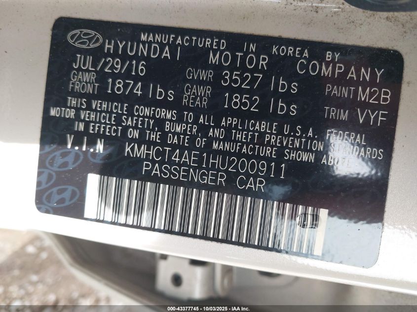 2017 Hyundai Accent Se VIN: KMHCT4AE1HU200911 Lot: 43377745