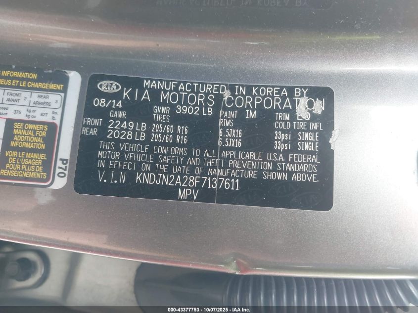 2015 Kia Soul VIN: KNDJN2A28F7137611 Lot: 43377753